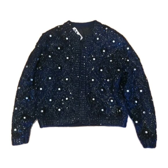 Vintage M M Kriza Beaded Jacket Cardigan Sweater Sequins Navy 100% Wool Size S - Picture 1 of 16